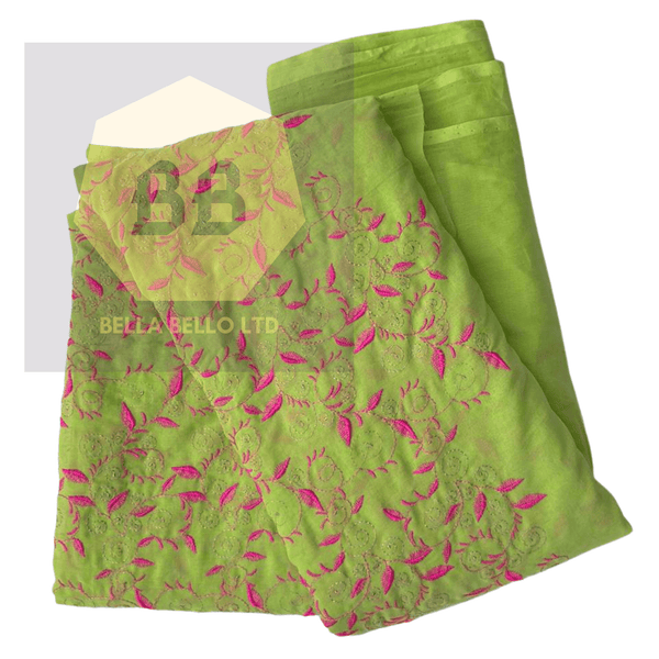 Embroidered Tulle Fabric in Lime and Pink