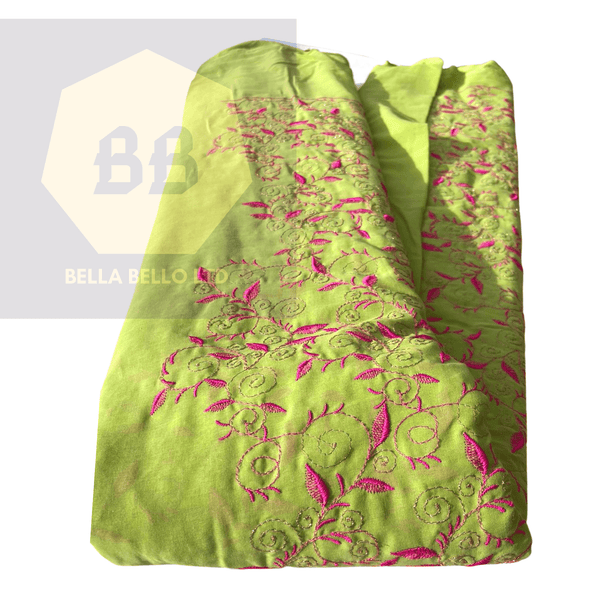 Embroidered Tulle Fabric in Lime and Pink