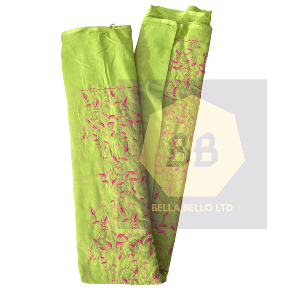 Embroidered Tulle Fabric in Lime and Pink