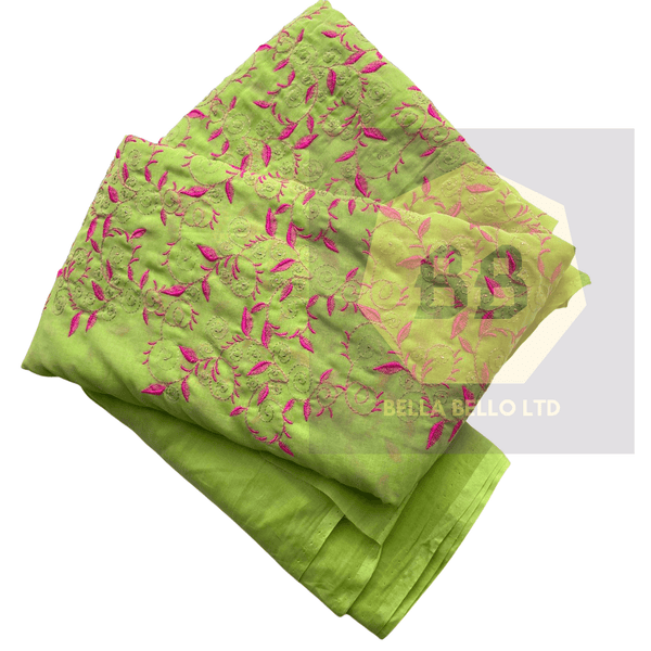 Embroidered Tulle Fabric in Lime and Pink