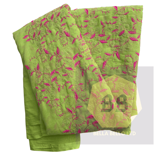 Embroidered Tulle Fabric in Lime and Pink