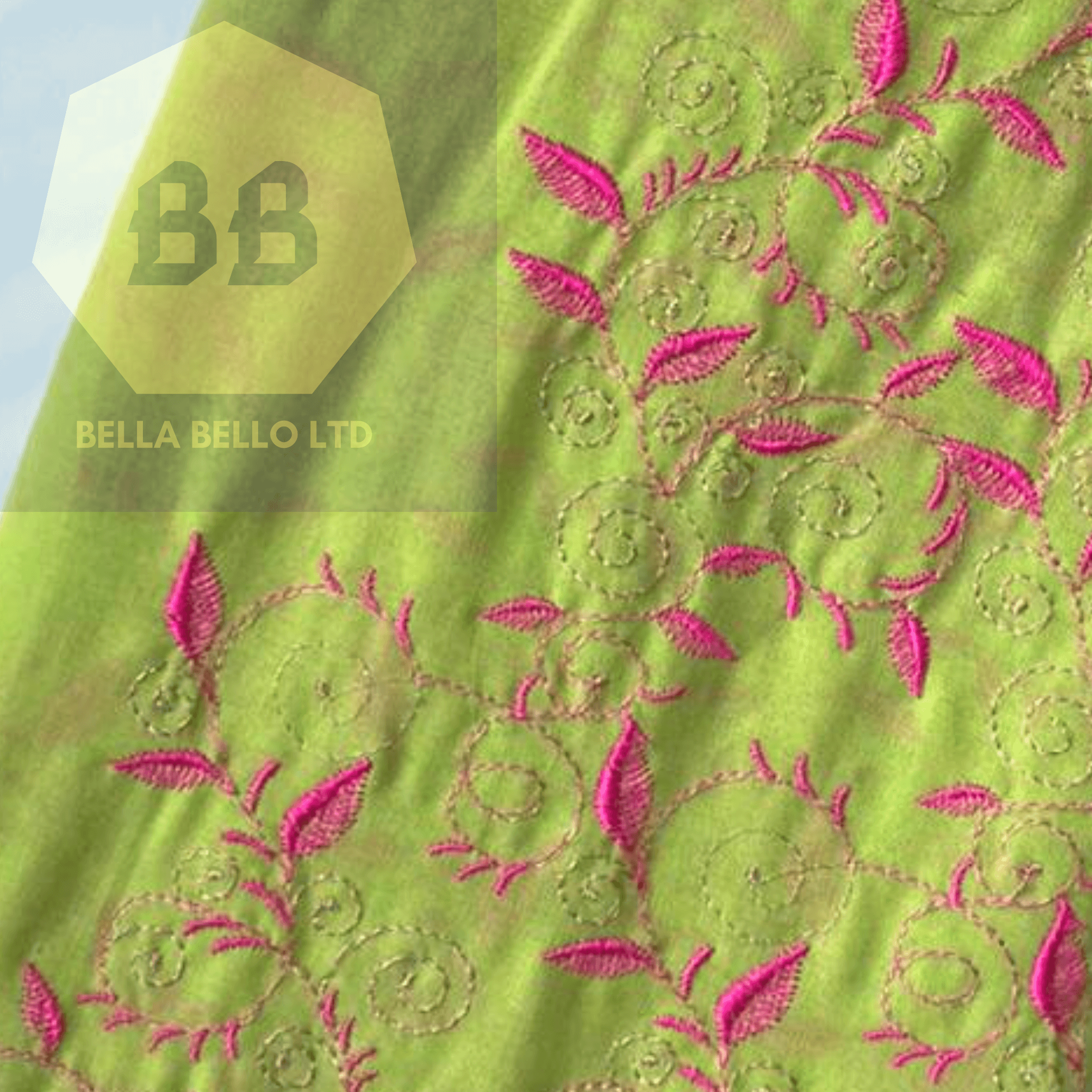Embroidered Tulle Fabric in Lime and Pink
