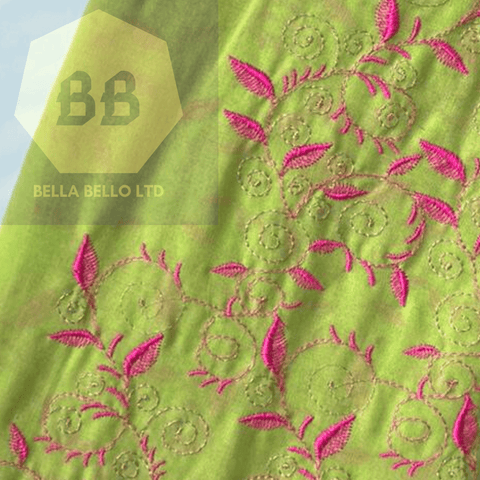 Embroidered Tulle Fabric in Lime and Pink