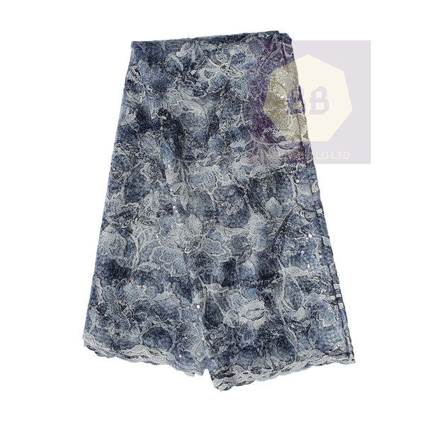 Grey Tulle Lace Fabric with Silver Floral Sequin Pattern