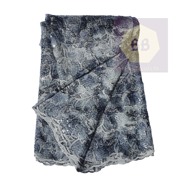 Grey Tulle Lace Fabric with Silver Floral Sequin Pattern