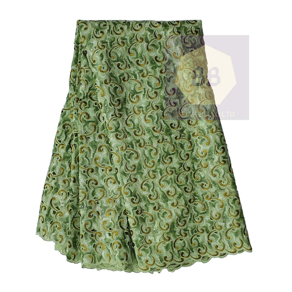 Green Lace Fabric with Emerald Sequins & Woven Chartreuse Swirls in Pale Gold