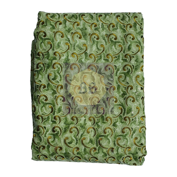 Green Lace Fabric with Emerald Sequins & Woven Chartreuse Swirls in Pale Gold