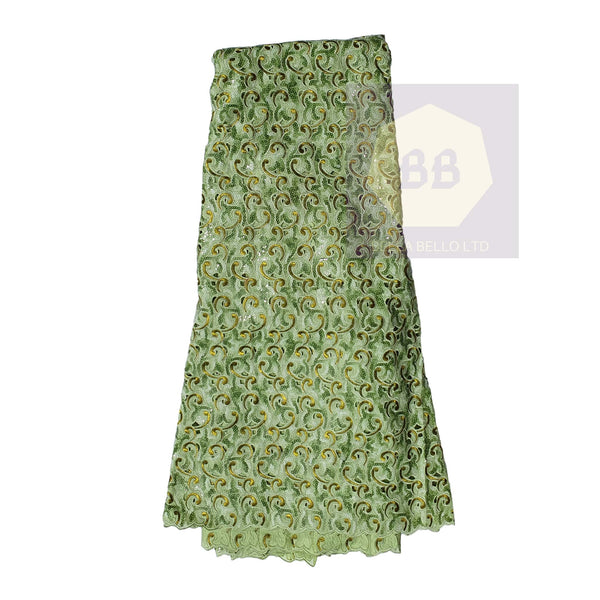 Green Lace Fabric with Emerald Sequins & Woven Chartreuse Swirls in Pale Gold