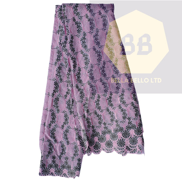 Pink Embroidered Voile Lace Fabric with Black Lurex Woven Snowflake Pattern